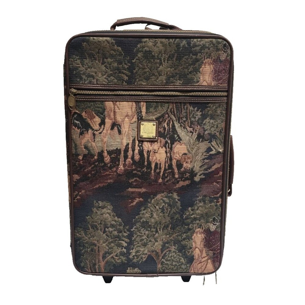 Vtg Capezio Fox Hunt Rolling Carry On Luggage Tapestry & Leather Equestrian Dogs